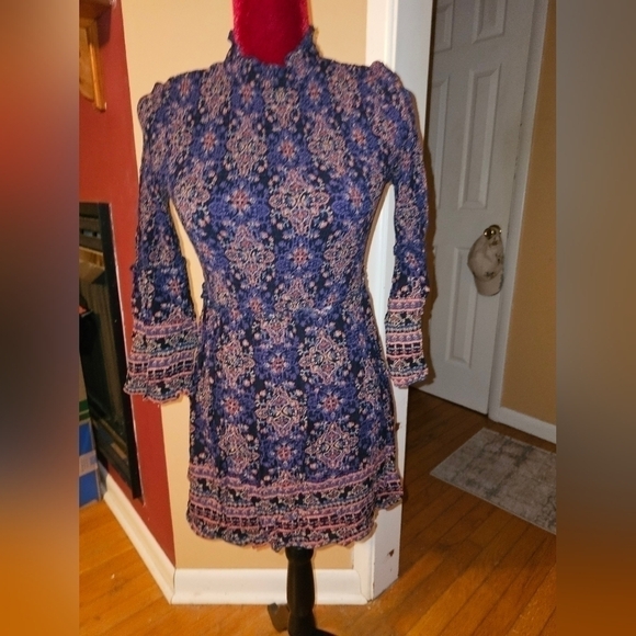 Aeropostale Blue Printed Mock Neck Smocked Fit & Flare Dress. Sz S  🙂 - Picture 1 of 6
